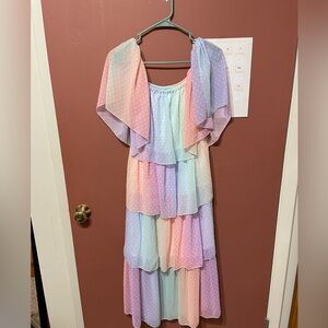 Rainbow pastel polka dots tiered maxi dress spring easter colorful